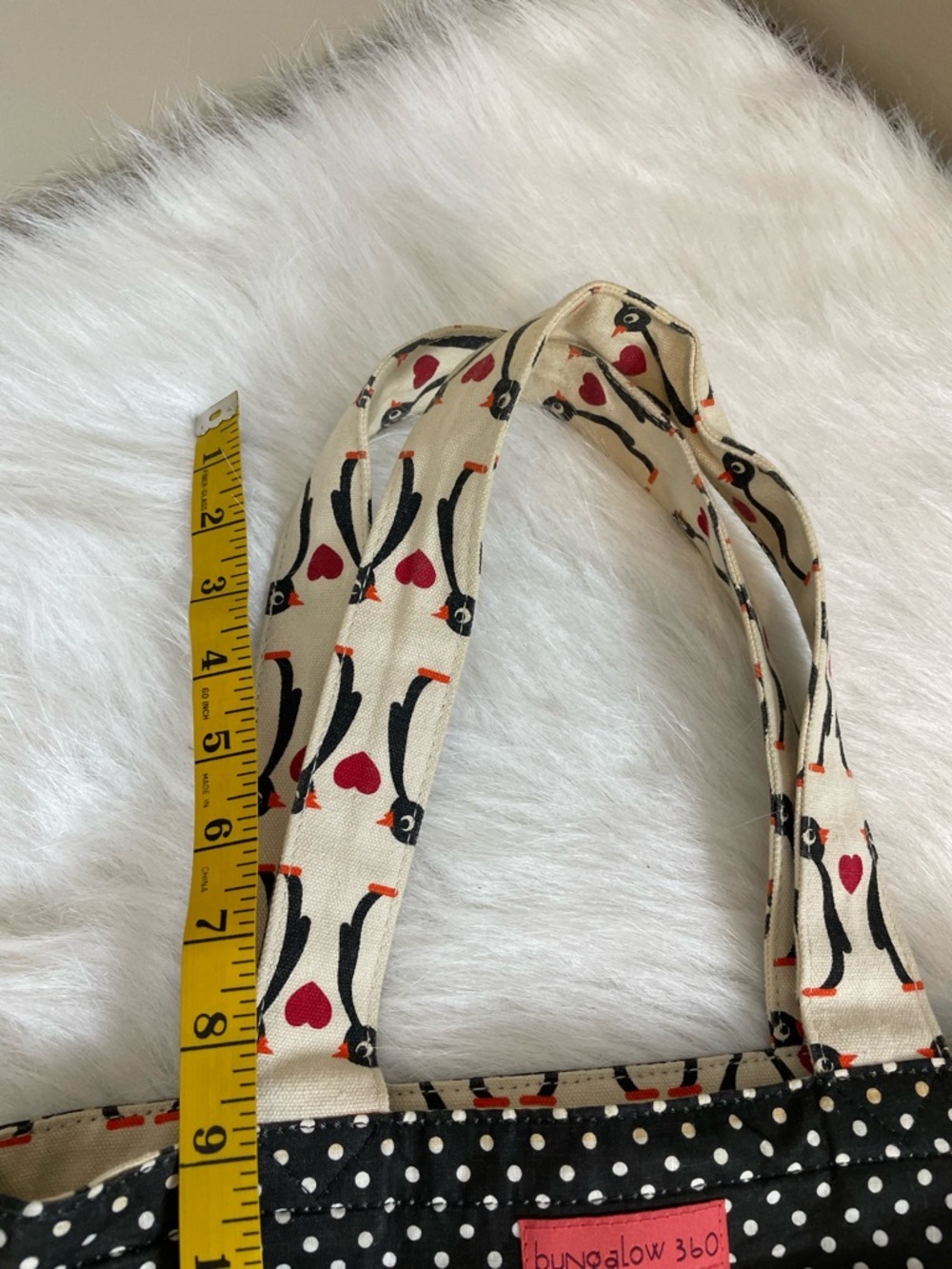 Bungalow 360 Penguin Print Canvas Tote Bag in Cream and Black with Red Accents - Picture 9 of 11